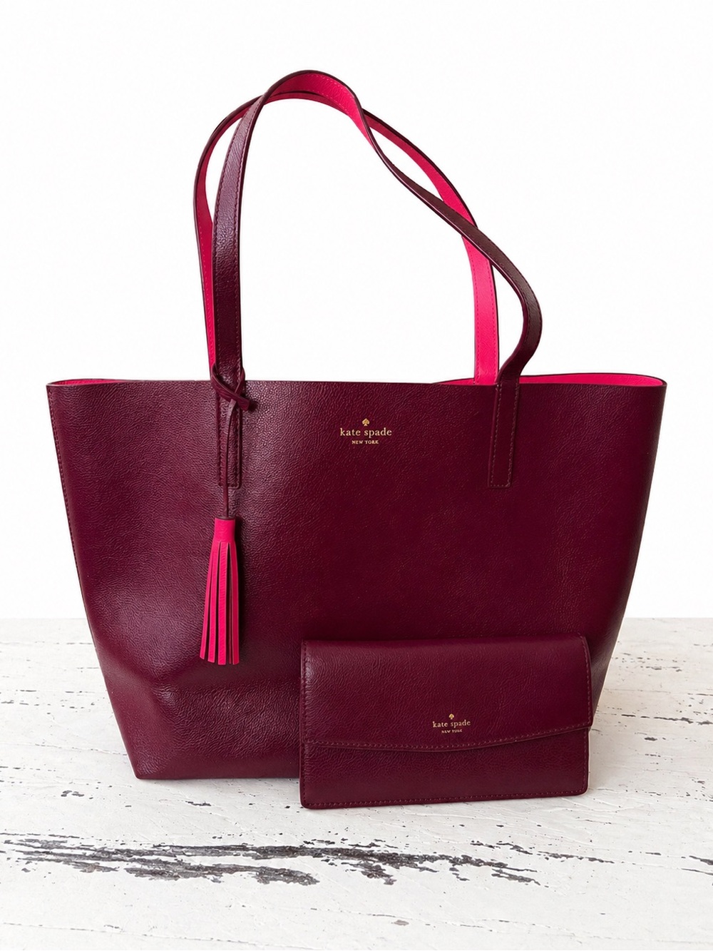 kate spade Reversible Burgundy and Pink Leather Tote with Matching Wallet